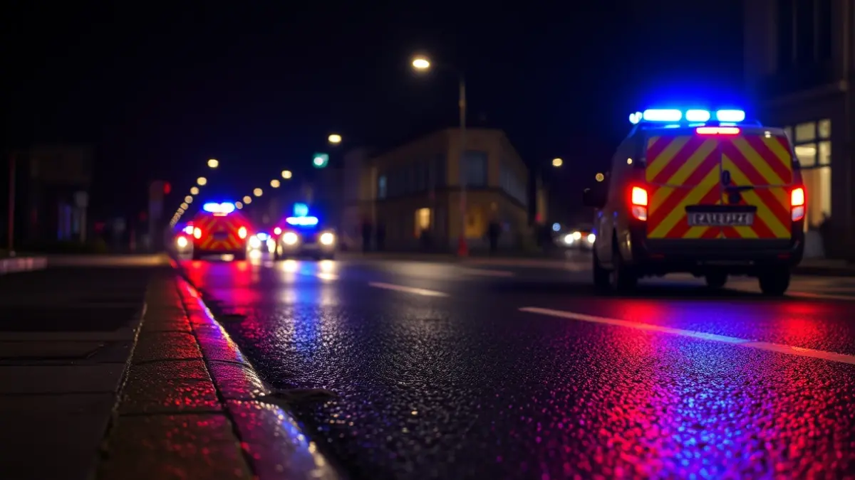 Imagen genérica de luces de emergencia azules y rojas reflejándose en asfalto mojado por la noche.