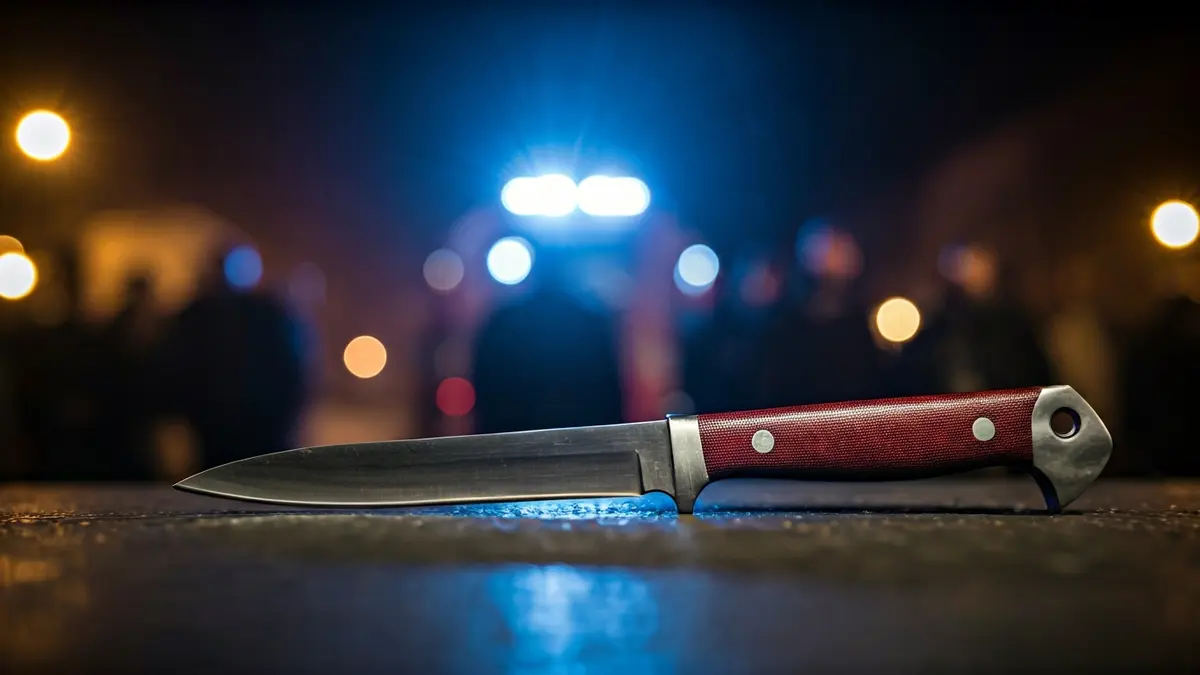 Imagen genérica de un cuchillo sobre una superficie oscura, con luces de emergencia borrosas al fondo.