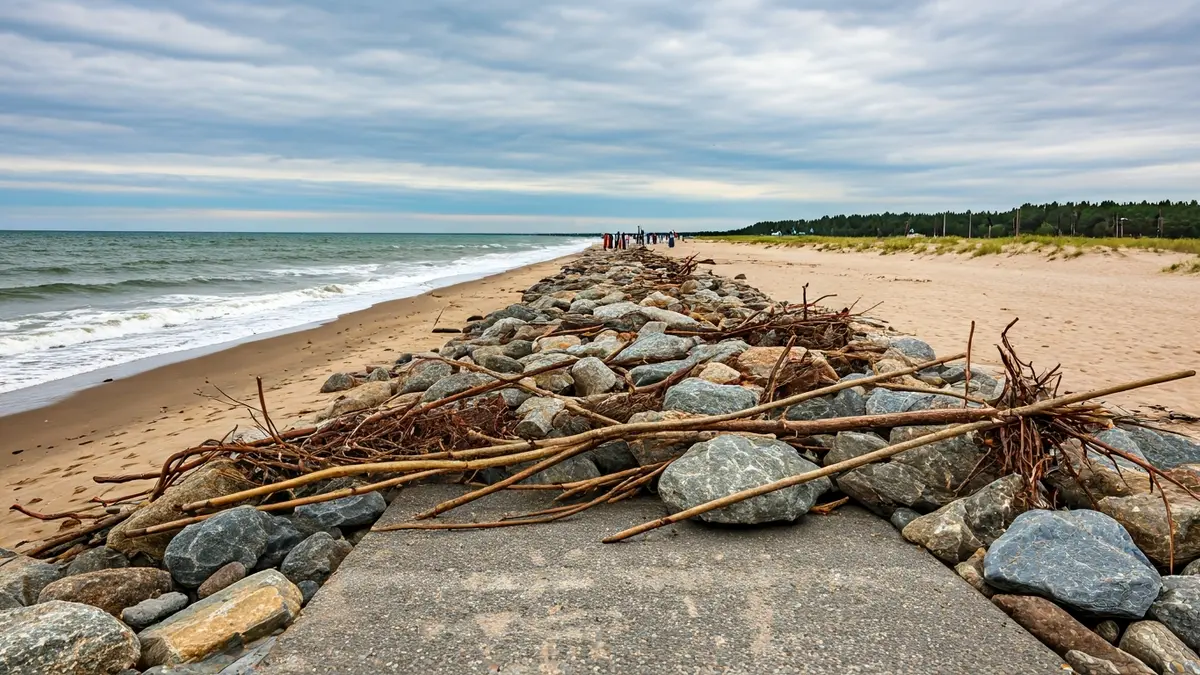 Blocked access ramp to Barinatxe beach, with rocks and debris.