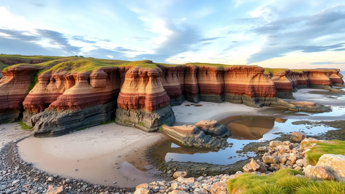Imagen genérica del flysch de Barrika, con la rasa mareal expuesta al amanecer o atardecer.
