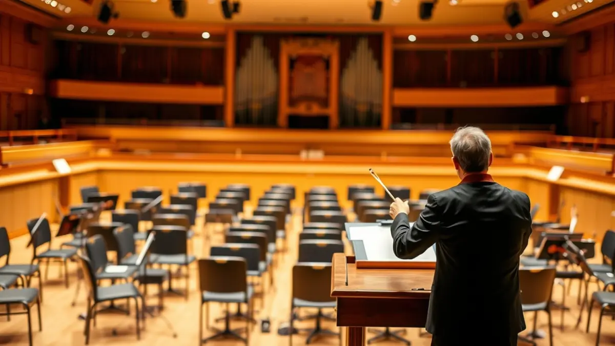 Generic image of a symphony orchestra stage with empty chairs and music stands, warm lighting.