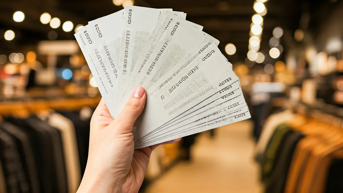 Irudi generikoa erosketa-bonuen esku baten, atzealdeko denda lauso batekin.