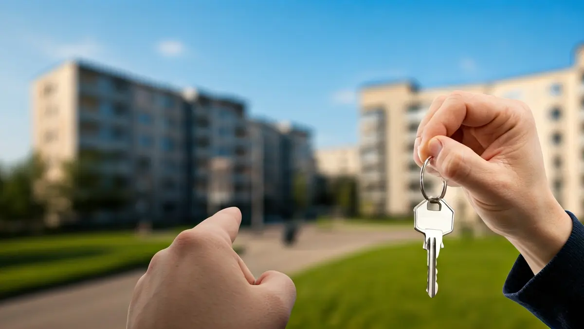 Generic image of a hand holding a house key, with blurred apartment buildings in the background.