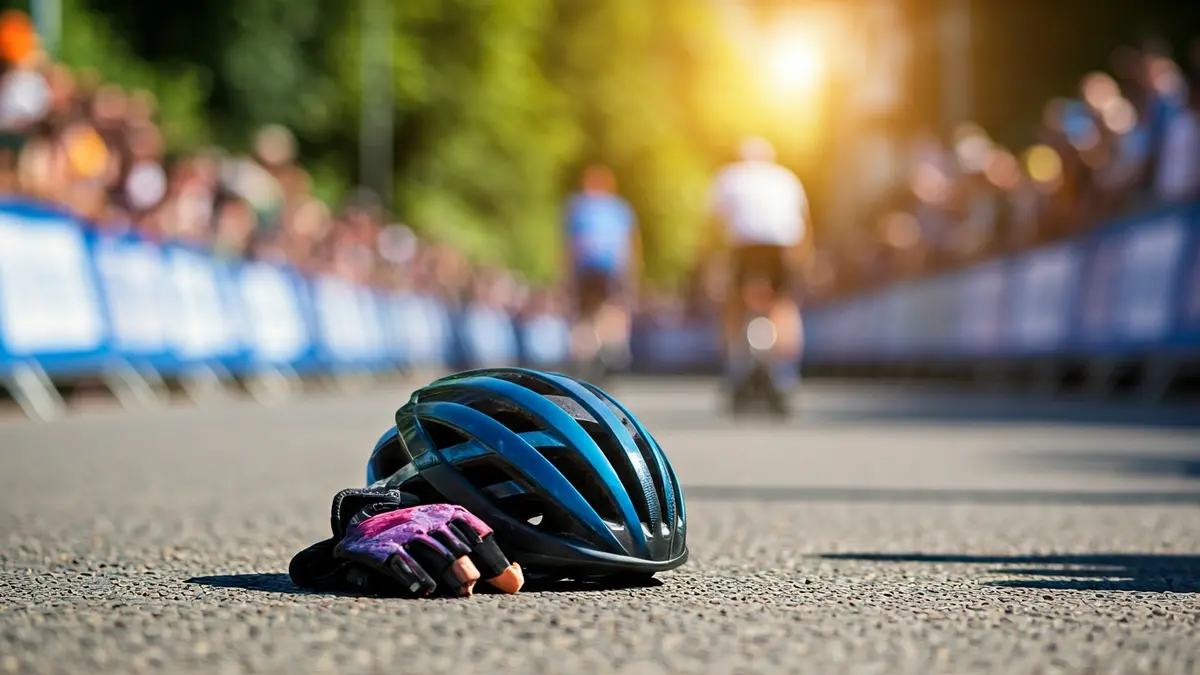 Imagen genérica de un primer plano de un casco y guantes de ciclismo, bajo el sol, en la carretera.