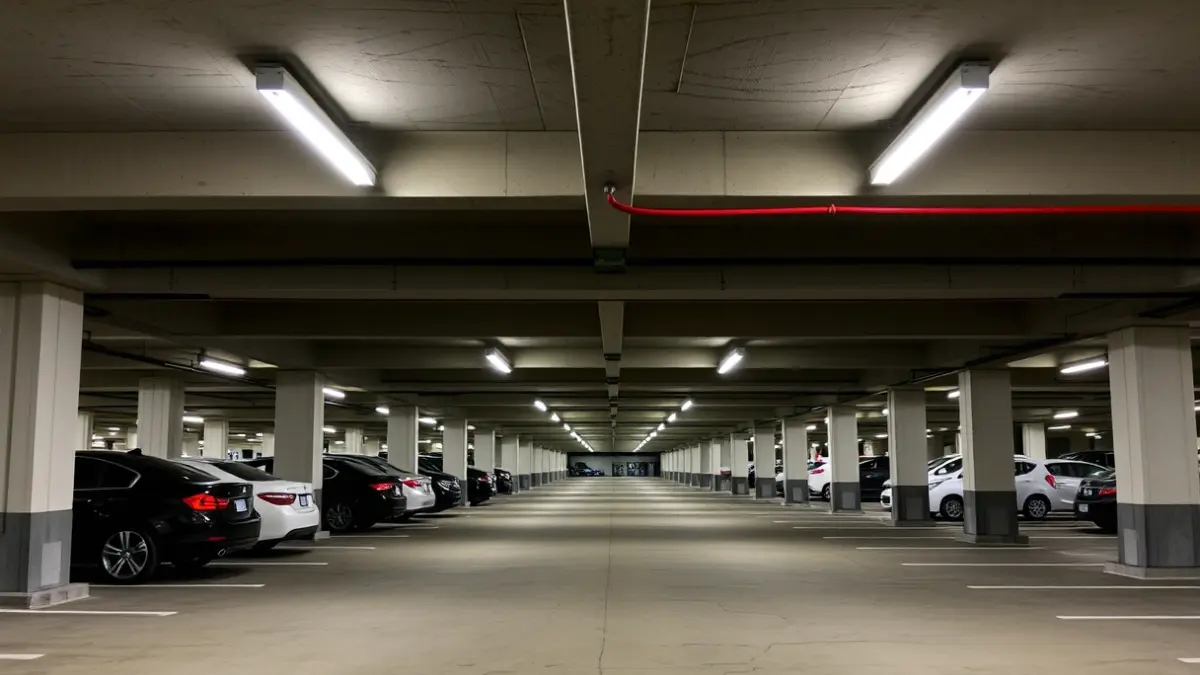 Generic image of an underground parking garage, showing parking spaces and artificial lighting.