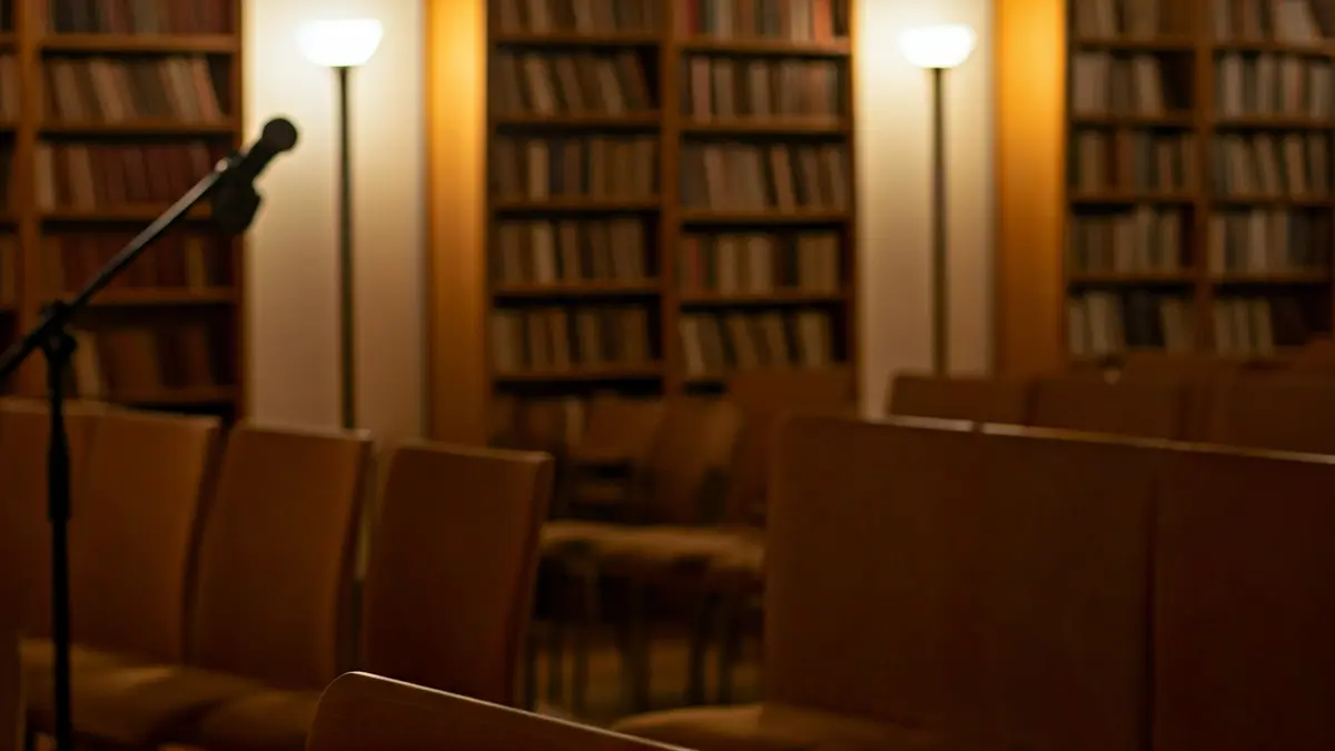 Generic image of a library interior, with a microphone and empty chairs.