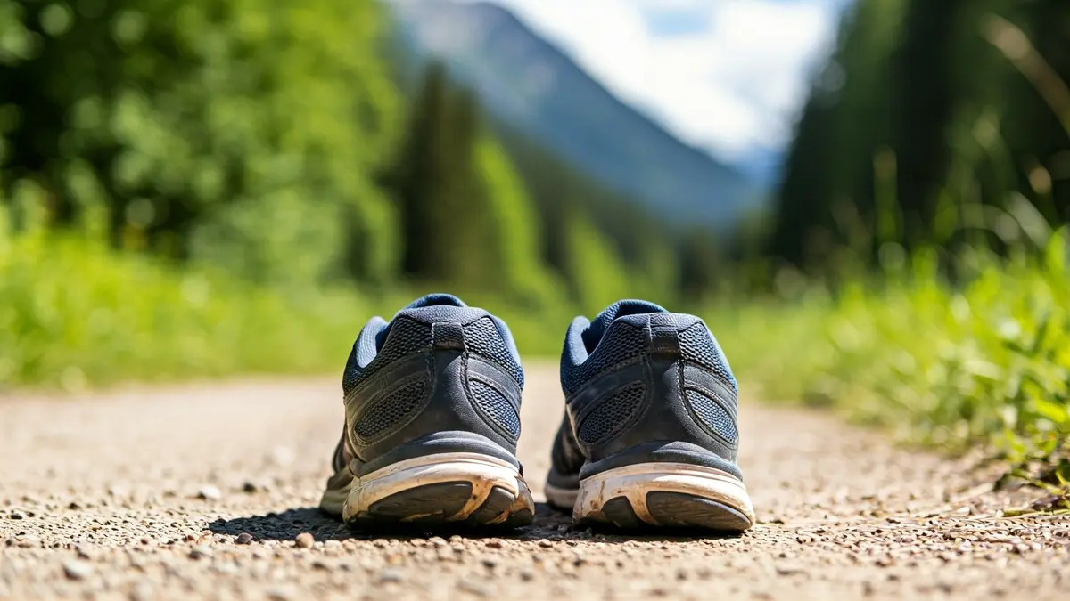 Generic image of a close-up of running shoes on a mountain trail, with a blurred mountain landscape in the background.