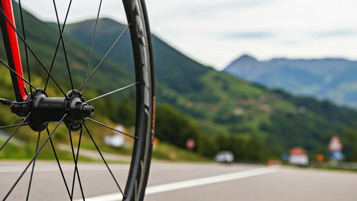 Imagen genérica de una rueda de bicicleta en una carretera de montaña del País Vasco.