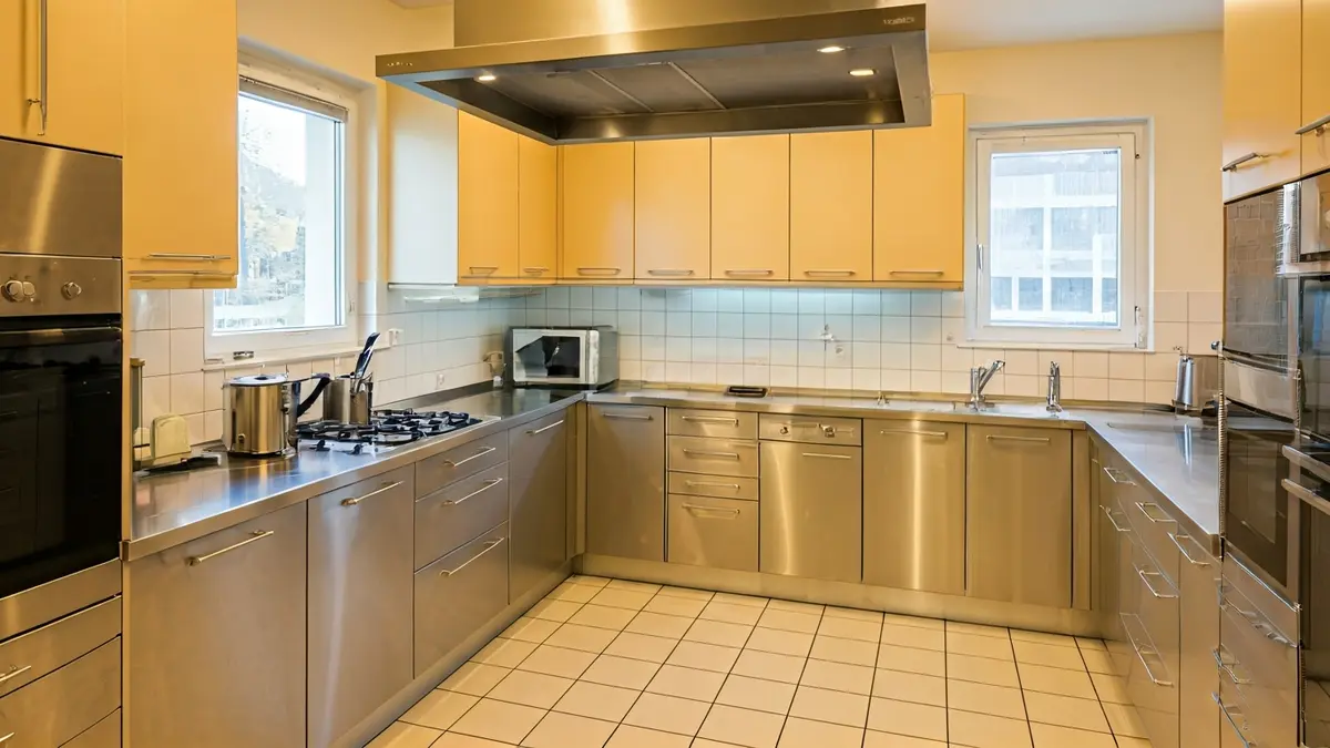 Irudi generikoa eskola-sukalde moderno batena, altzairu herdoilgaitzezko tresneriarekin.