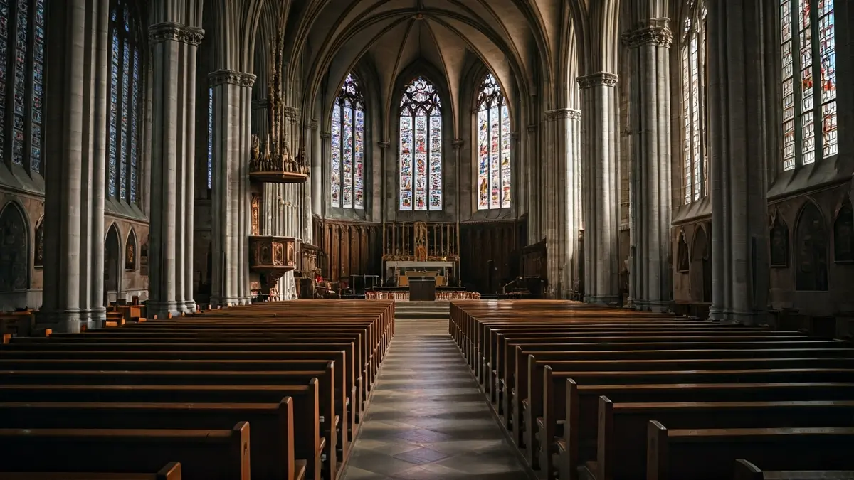 Irudi generikoa eliza baten barrualde ilun batekoa, beirateekin eta koru-harmailarekin, musika-emanaldiaren eszenatoki bat iradokitzen duena.