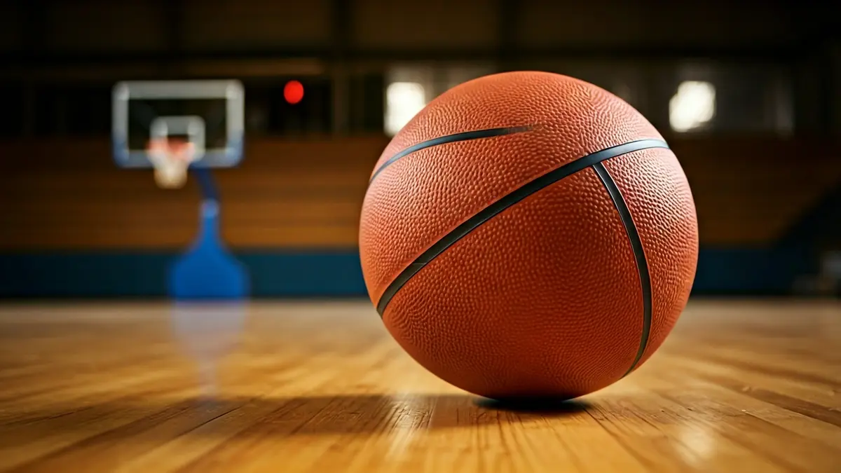 Irudi generikoa saskibaloi baloi batena zoru baten gainean, atzealdean saskia lausotuta.