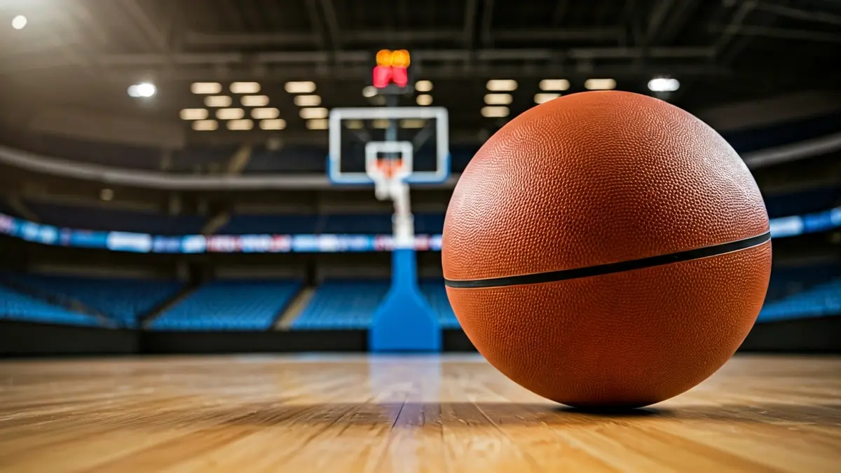 Saskibaloi baloi baten irudi generikoa kantxa batean, atzealdean saskia eta harmaila hutsak ikusten direla.