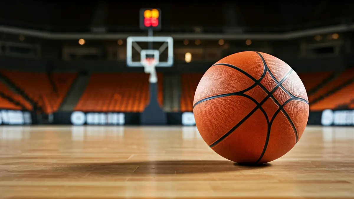 Un balón de baloncesto en una cancha de madera pulida, con asientos de estadio vacíos y borrosos al fondo.