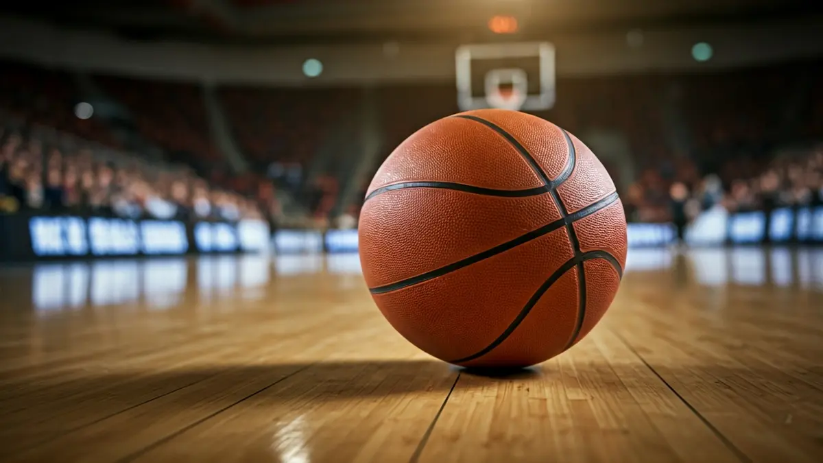 A basketball on a polished court, with blurred empty stands in the background.