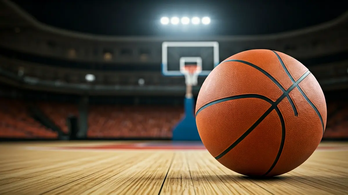 Balón de baloncesto en una cancha de madera, con el aro desenfocado al fondo.