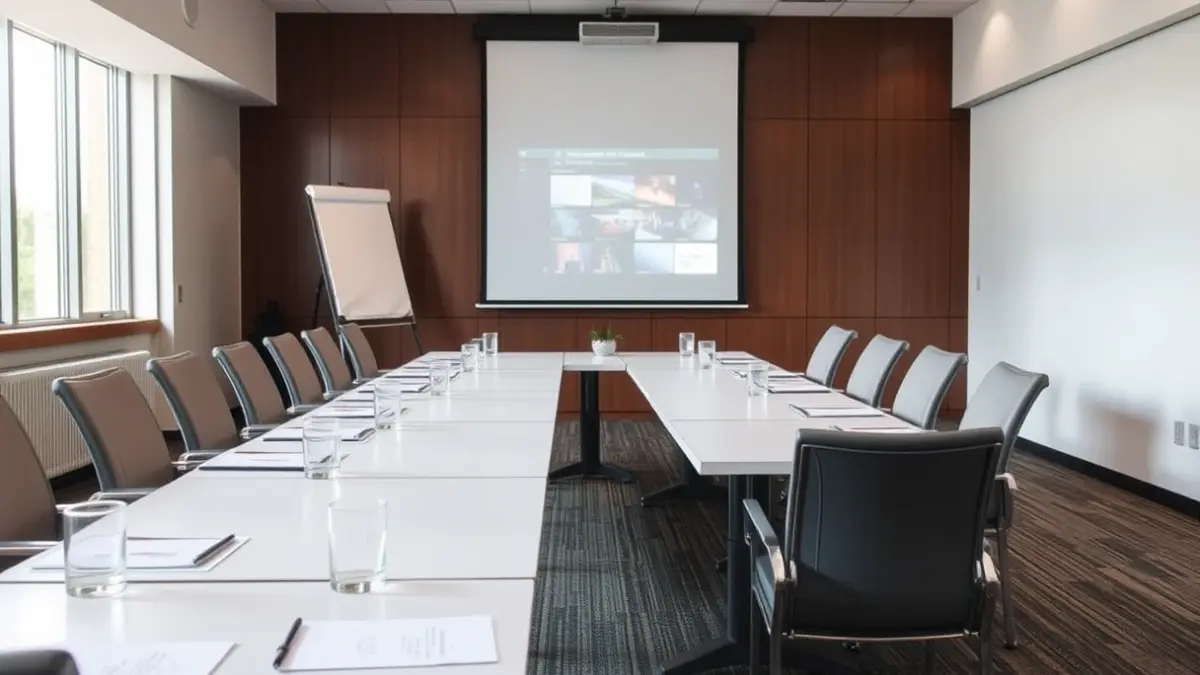 Irudi generikoa bilera formal bateko aretoarena, mahai luze batekin eta aulkiekin.