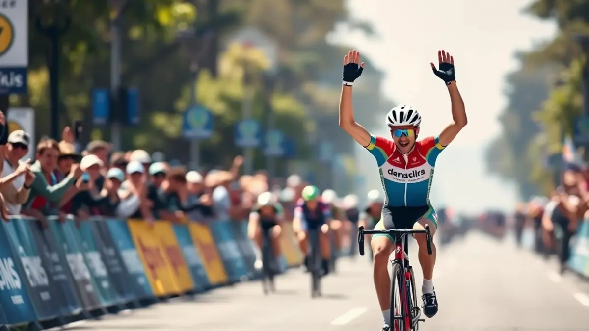 Un ciclista celebrando la victoria en la línea de meta, con la multitud borrosa al fondo.
