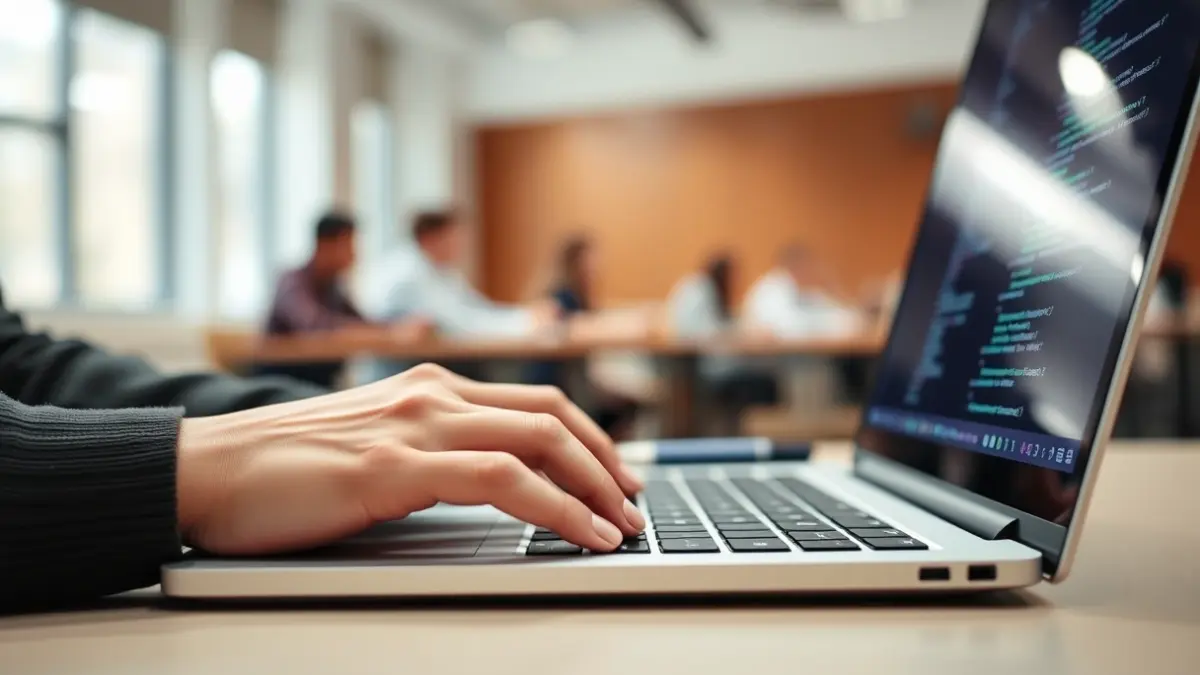 Generic image of a person's hands typing on a laptop, with blurred lines of code on the screen.
