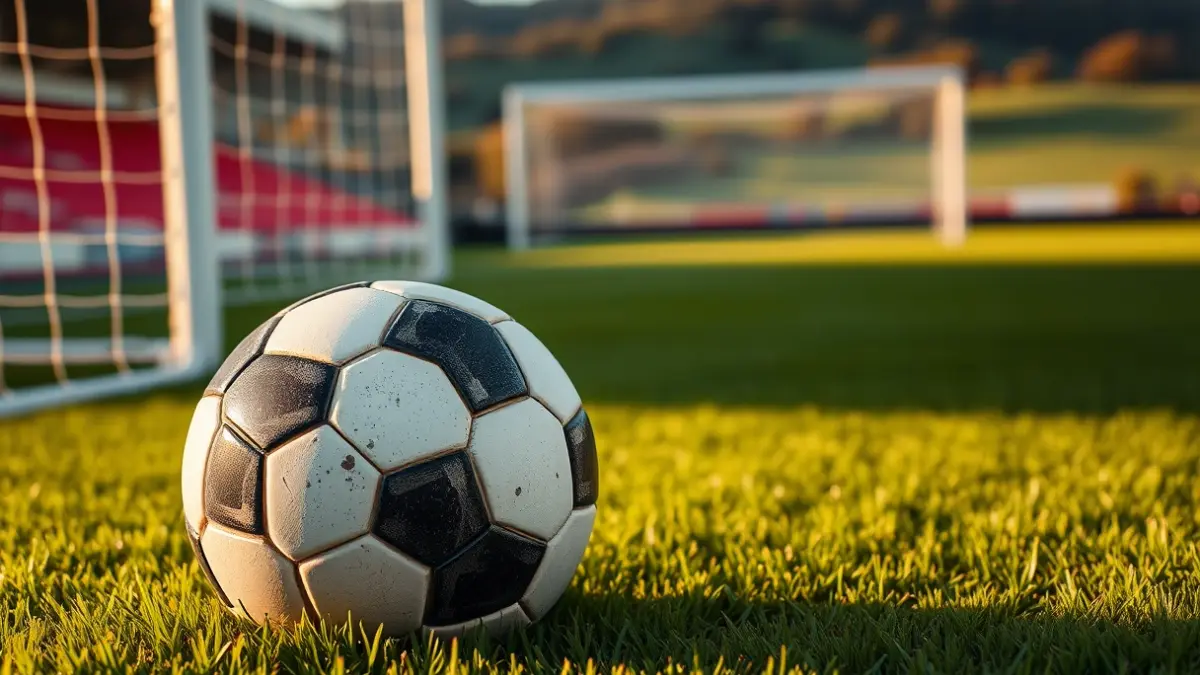 Generic image of a soccer ball on a field, with a blurred goal net in the background.