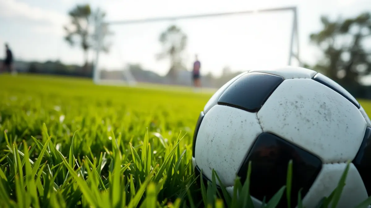 Generic image of a soccer ball on a field, with a blurred goal in the background.