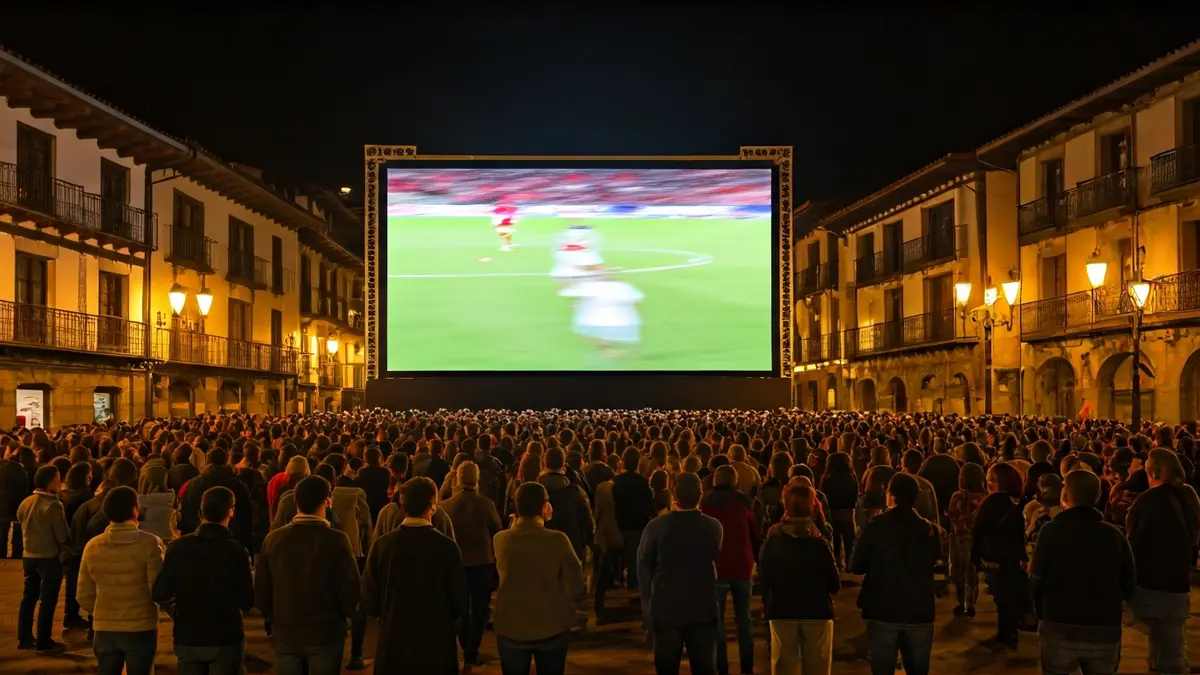 Beasaingo plaza batean jarritako pantaila erraldoi bat, Realaren Kopako finala ikusteko jendez inguratuta.