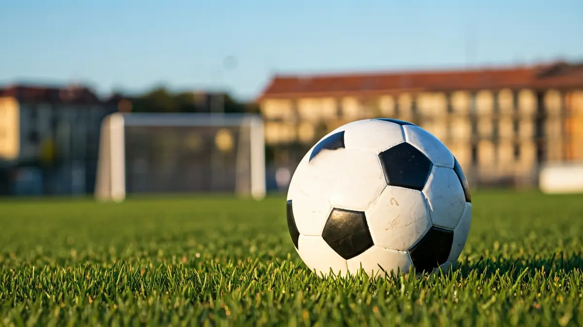 Imagen genérica de un balón de fútbol sobre césped, con la red de la portería difuminada al fondo.