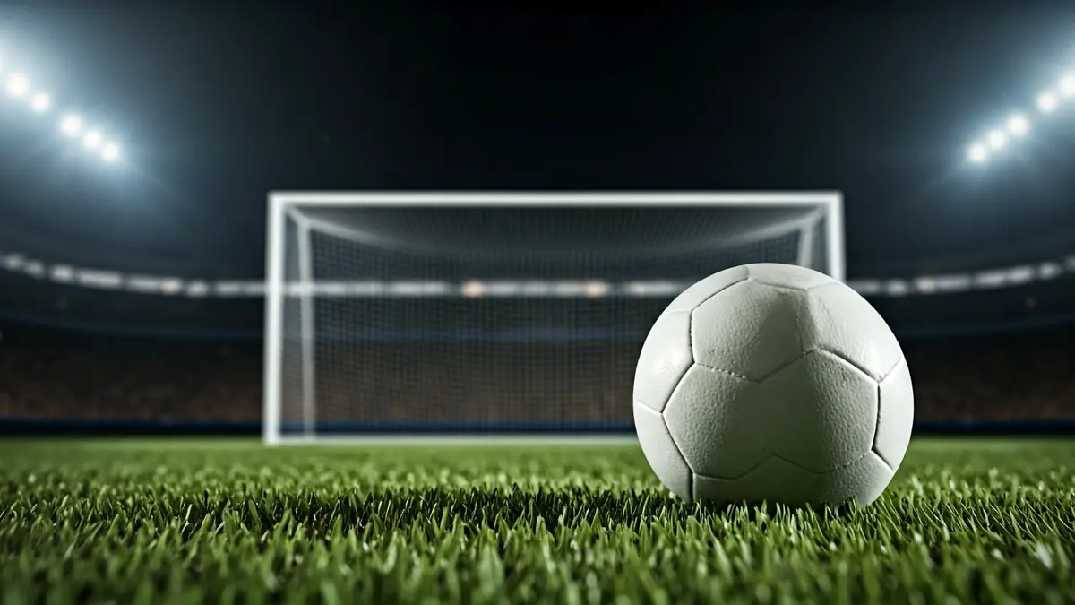 Generic image of a soccer ball on grass, with a blurred goal net in the background.
