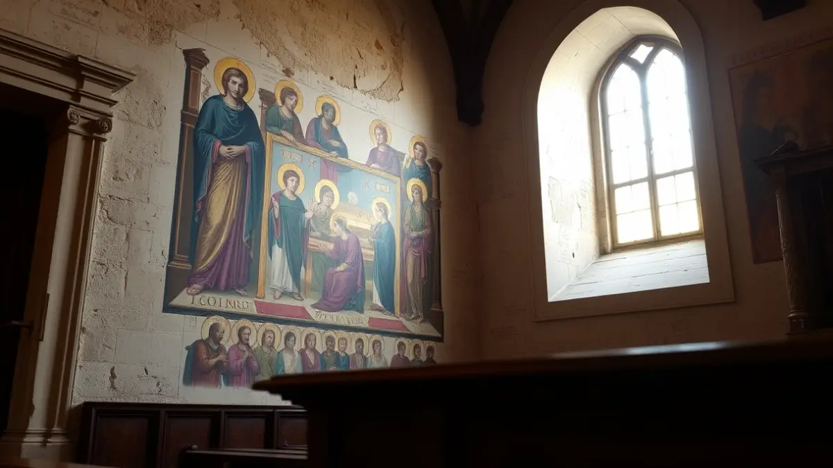 Beasaingo eliza historiko baten barrualdea, errenazentistako horma-pintura zaharberrituak erakusten dituena.