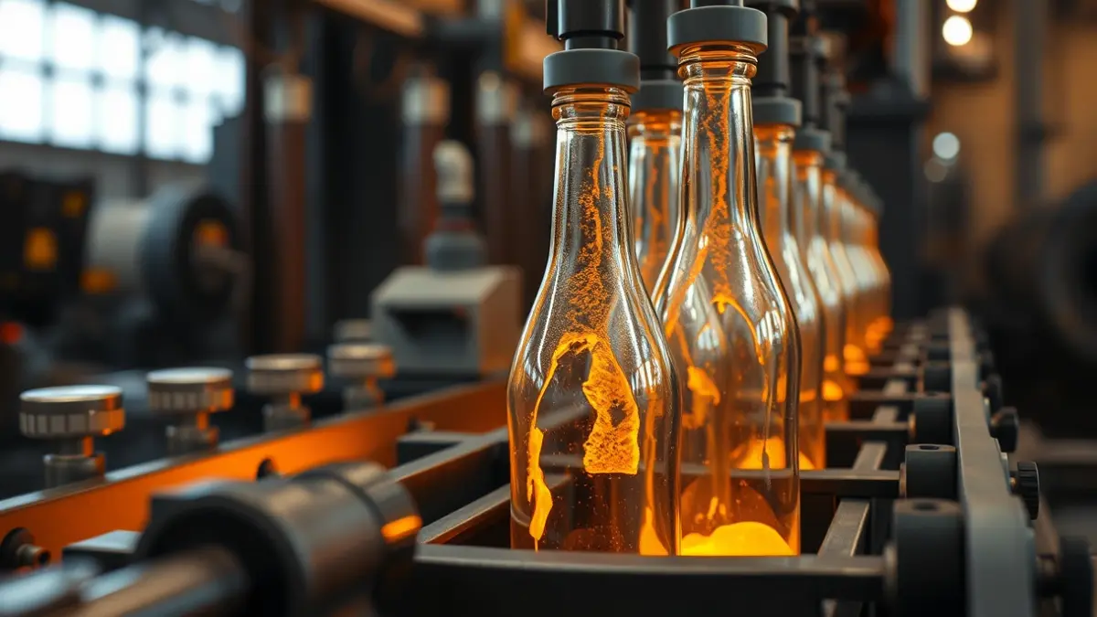 Generic image of a glass container manufacturing line, with molten glass being shaped.