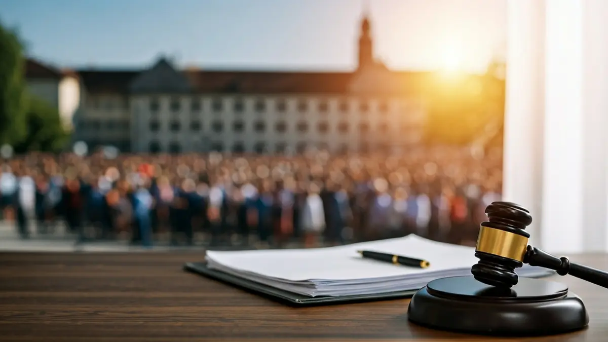 Imagen genérica de documentos legales y un mazo sobre una mesa de madera, con un monasterio difuminado al fondo.