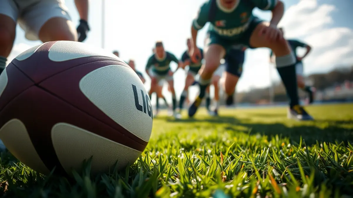 Generic image of a rugby ball on a green grass field, with blurred players in the background.