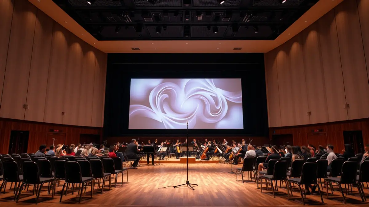 Kontzertu-areto baten irudi generikoa, mikrofono huts batekin eta orkestra-instrumentuekin.