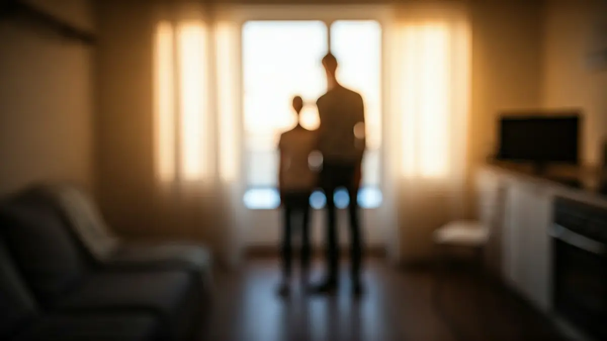 Irudi generikoa etxe baten barrualde epel eta sinple batekoa, familia baten silueta lausoarekin atzealdean, egonkortasun eta hasiera berriaren sentsazioa azpimarratuz.