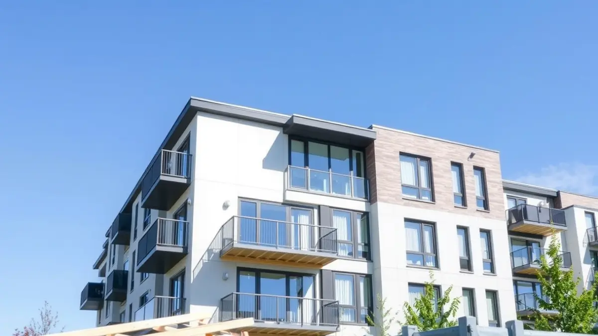 Generic image of a new building with subsidized rental housing in Berango, under the sun.