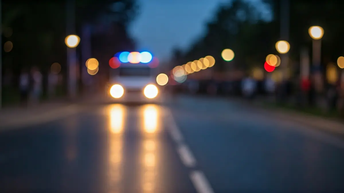Generic image of blurred emergency lights reflecting on wet asphalt at dusk.