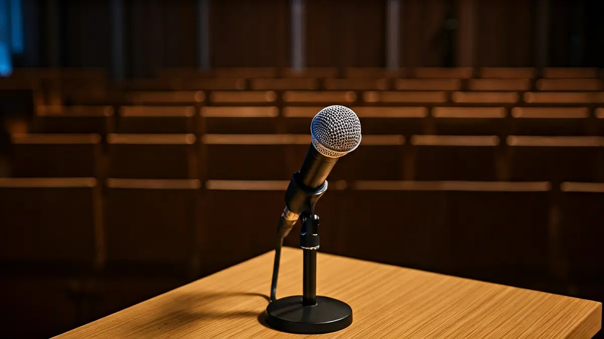 Irudi generikoa: mikrofono bat podiumean, auditorio ilun batean.