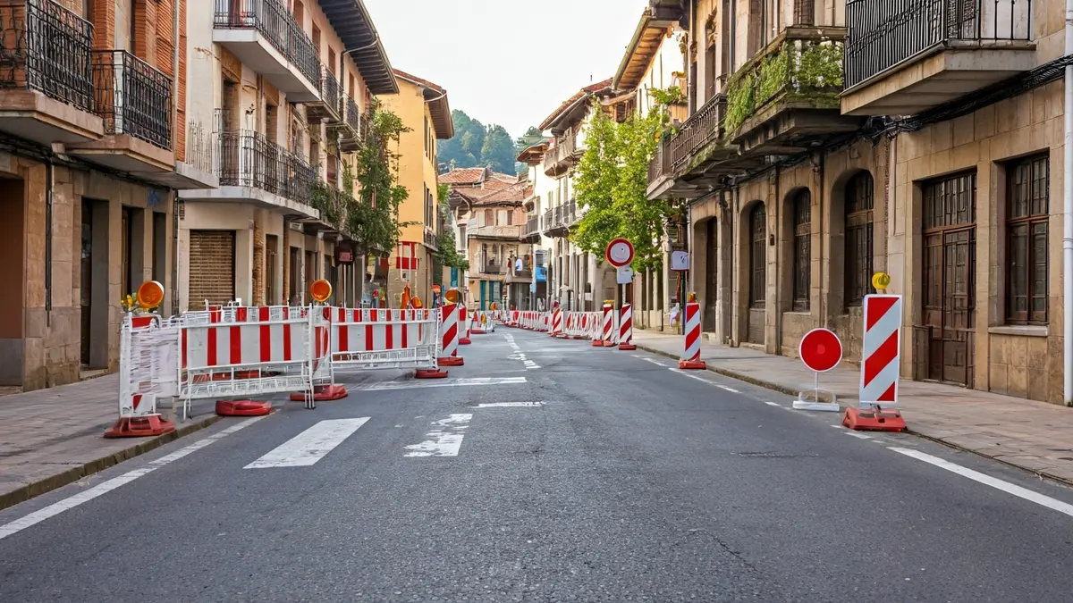 Irudi generikoa: Bergara herriko kale bat, trafiko seinaleekin eta hesi mugikorrekin, Itzuliaren etapa dela eta.