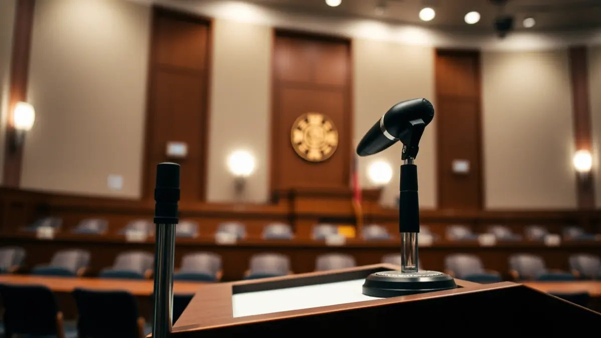 Microphone in a municipal hall with soft lighting, representing the end of a plenary session.