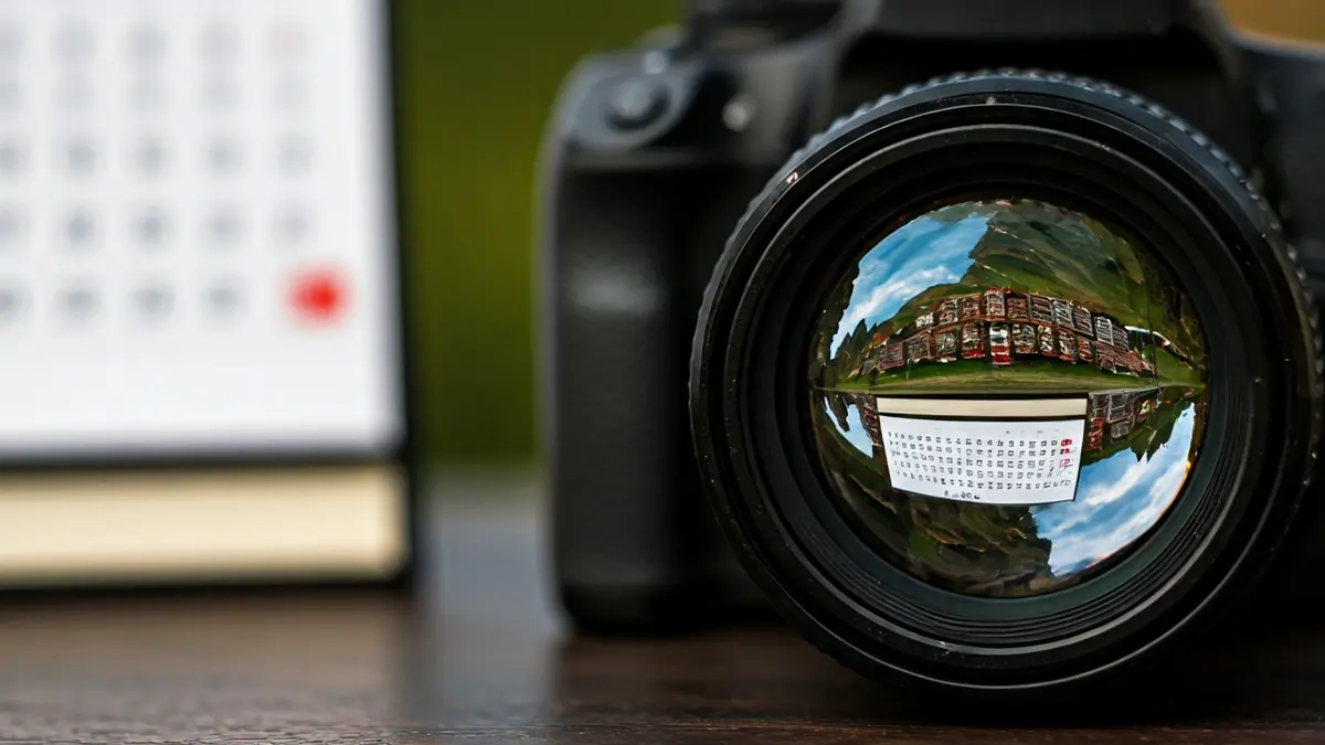 Imagen genérica de la lente de una cámara fotográfica con un paisaje vasco difuminado al fondo, junto a una página de calendario.