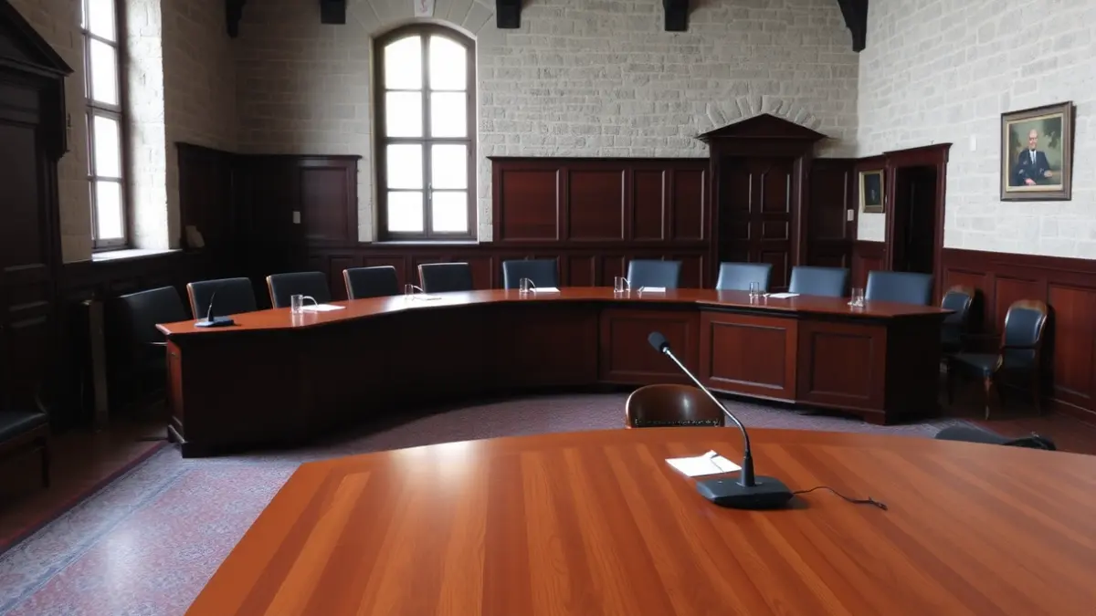 Irudi generikoa udalbatzar areto batekoa, mahai luze batekin eta mikrofono batekin.