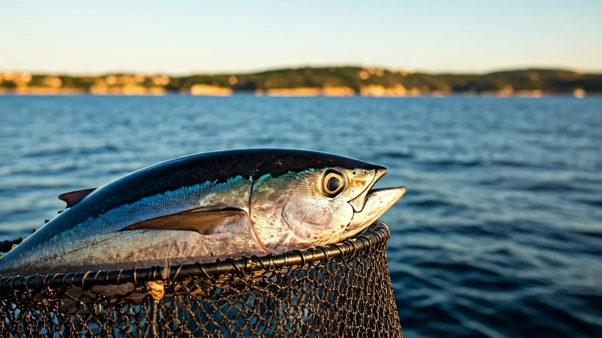 Generic image of sustainable tuna fishing, showing a tuna caught in a net.
