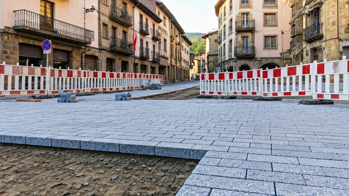 Bermeoko Alde Zaharreko kale batean obrak, granitozko zoladura jartzen.