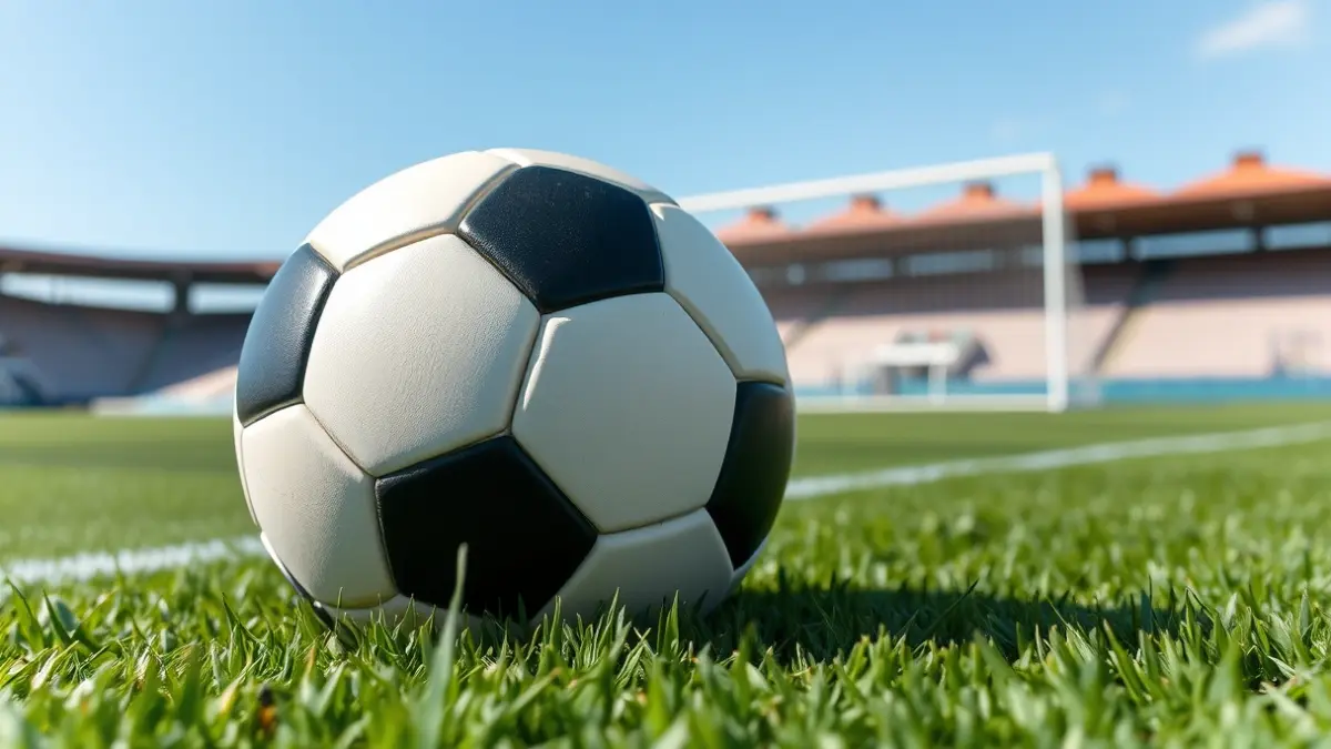 Irudi generikoa futbol zelai bateko baloi baten, atearen sare zuria atzealdean lausotuta.