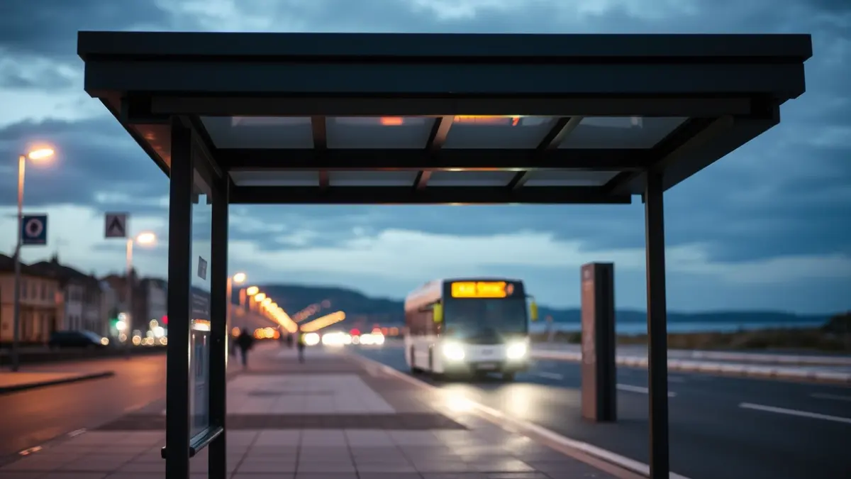 Irudi generikoa autobus geltoki batekoa ilunabarrean, argi lausoekin.