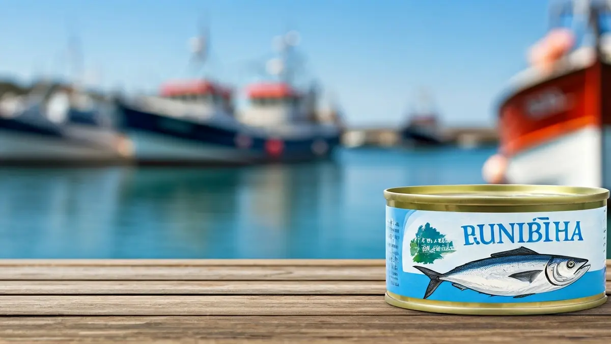 Imagen de una conserva de atún de Bermeo, con un puerto con barcos pesqueros al fondo.