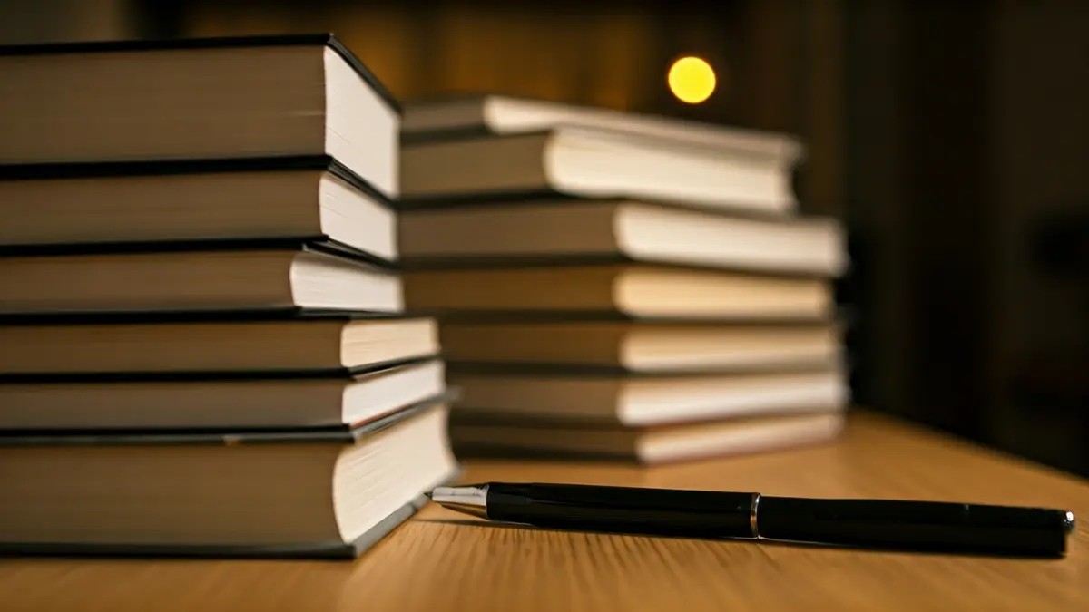 Irudi generikoa liburu pila batekin eta boligrafo batekin egurrezko mahai baten gainean.