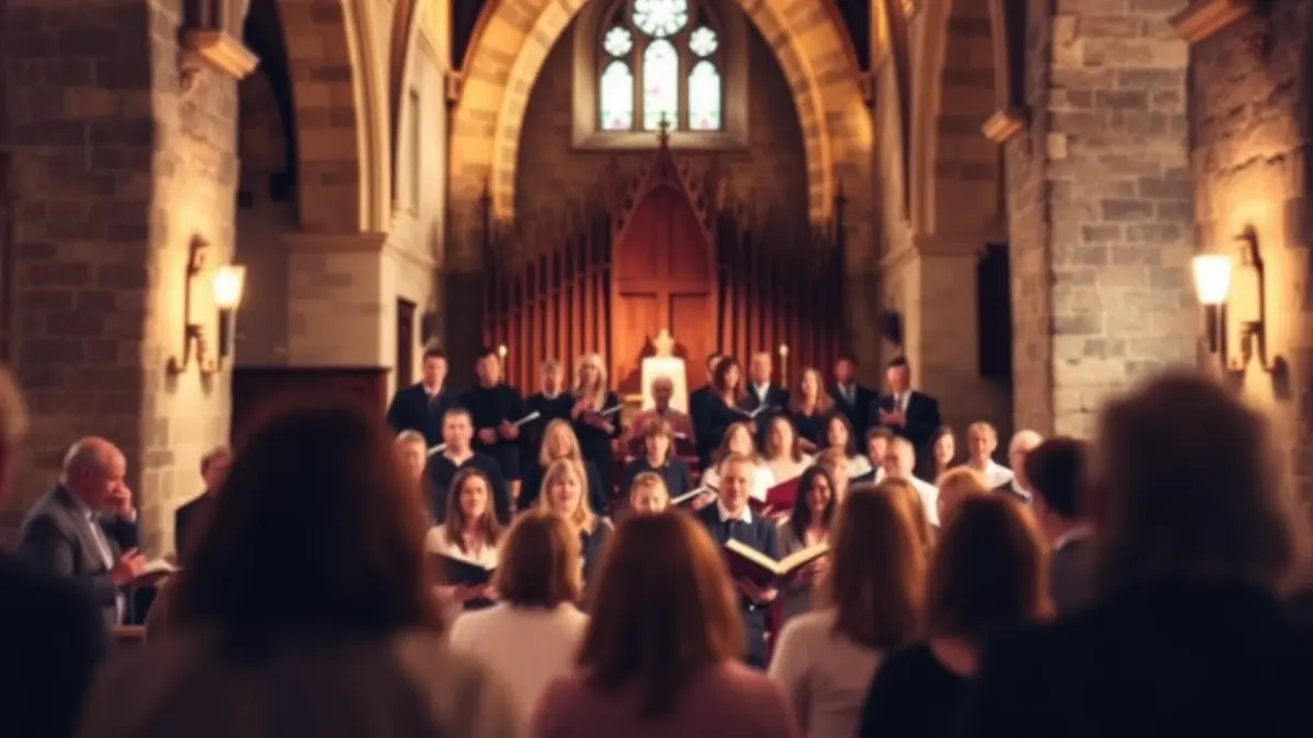 Irudi generikoa abesbatza bat eliza historiko batean abesten.