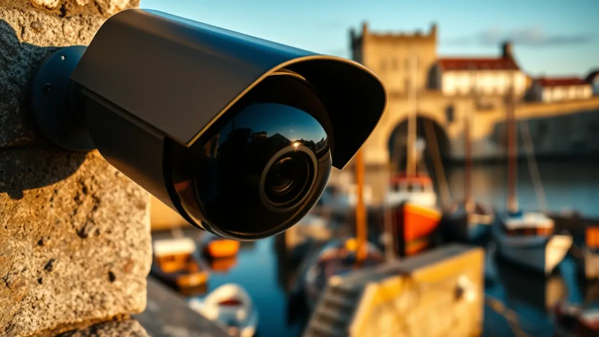 Bermeoko portu zaharreko sarrera zaintzen duen bideokamera baten irudia.