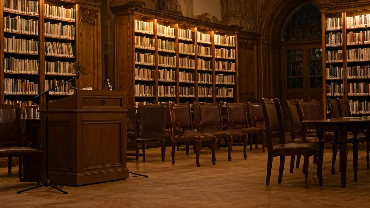 Interior of a library set up for a reading event, showing a microphone and rows of chairs.