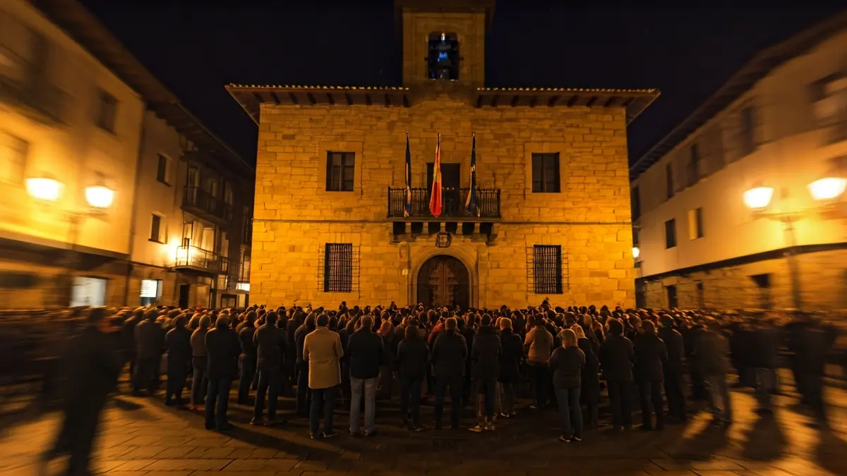 Blurred crowd gathered in front of Berriz town hall, with warm lighting and a solemn atmosphere.